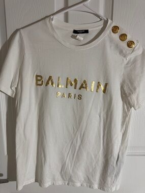 Balmain White T-Shirt with Gold Logo and Shoulder Buttons